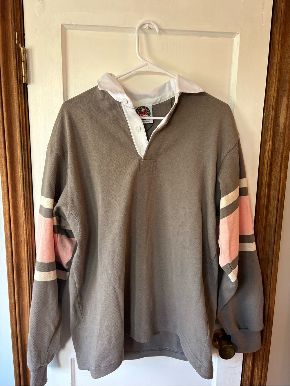 KOTN Gray Pullover Sweater with Pink and White Stripe Sleeves